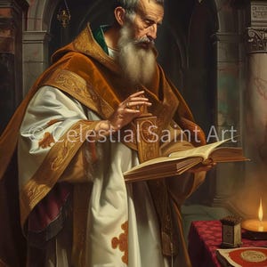 Op de afbeelding: Een schilderij van een man in een witte robe met gouden versieringen, die een boek en een klein gouden voorwerp vasthoudt. Hij heeft een lange witte baard en kijkt naar het boek. Het schilderij is in een donkere kamer met een brandende kaars op de achtergrond geplaatst.