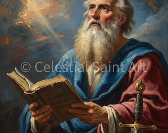Puede incluir: Pintura al óleo de un anciano con larga barba blanca, vestido con túnicas azules y rojas, mirando hacia arriba. Sostiene un libro abierto. Una espada descansa sobre un pedestal de piedra. El texto "Celestial Saint Art" es visible.