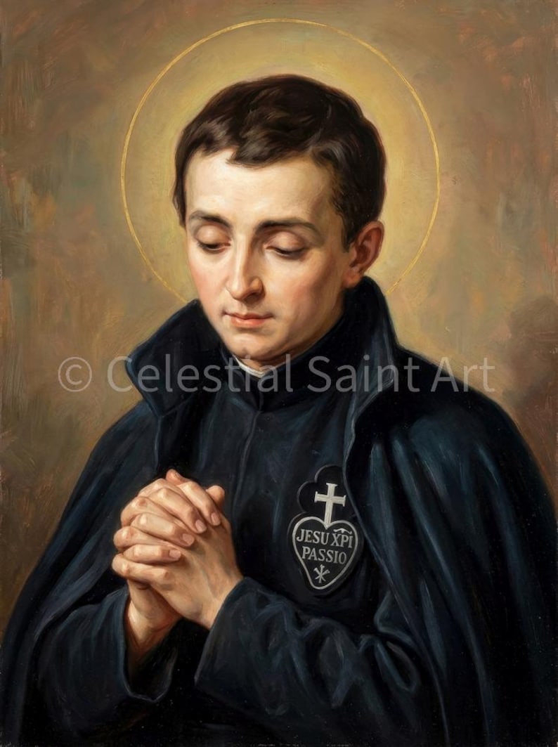 May include: A portrait of a person with short brown hair, wearing a black cloak and a white collared shirt. The person is praying with hands clasped. A gold halo surrounds the head. The text "Jesu Xpi Passio" is on a patch on the cloak.