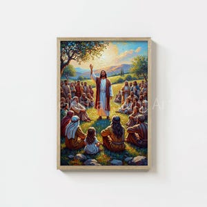 May include: A framed print depicting a religious scene. A central figure in a white and red robe stands with an arm raised, addressing a crowd. The artwork features a sunny landscape with trees and mountains, rendered in a painterly style.