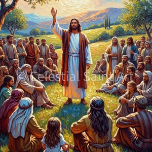 May include: An artistic painting depicts a religious scene with a central figure in white and brown robes, raising a hand. A crowd of people in various attire surrounds the figure, set against a backdrop of a landscape with trees and mountains. The text "Celestial Saint Art" is visible.