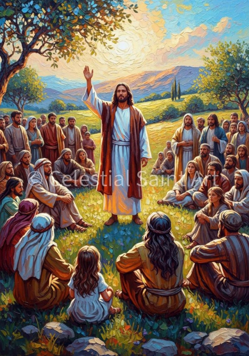 May include: An artistic painting depicts a religious scene with a central figure in white and brown robes, raising a hand. A crowd of people in various attire surrounds the figure, set against a backdrop of a landscape with trees and mountains. The text "Celestial Saint Art" is visible.