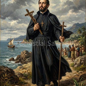 Puede incluir: Una pintura al óleo representa a un hombre con túnica negra sosteniendo una cruz y un bastón, caminando por un sendero costero. Un barco navega en el mar al fondo, con un pueblo y gente en la orilla. La obra de arte tiene una estética vintage.
