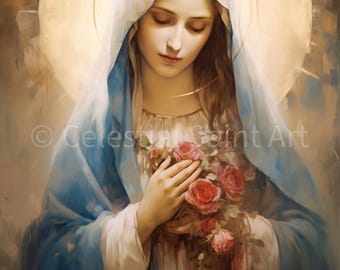 May include: A painting of the Virgin Mary, depicted with a gentle expression, wearing a blue robe and holding a bouquet of pink roses.