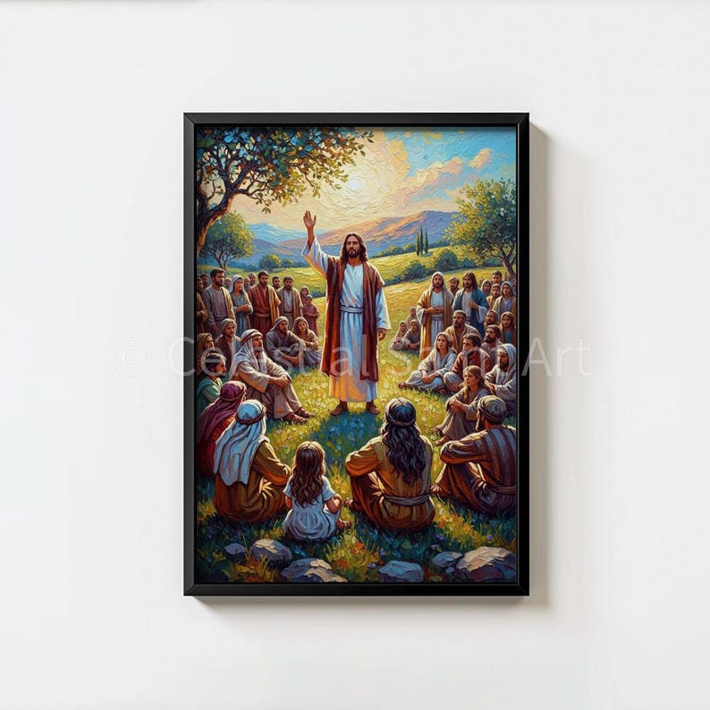 May include: A framed art print depicting a religious scene. A central figure in a white robe and red shawl raises a hand, addressing a crowd of people seated on a grassy hill. The background features a bright sky, trees, and rolling hills.