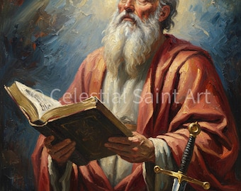 Puede incluir: Pintura al óleo de un anciano con larga barba blanca, vestido con una túnica roja y sosteniendo un libro abierto. Una espada descansa a su lado. El texto "Celestial Saint Art" es visible. El fondo presenta una mezcla de pinceladas azules, amarillas y blancas.