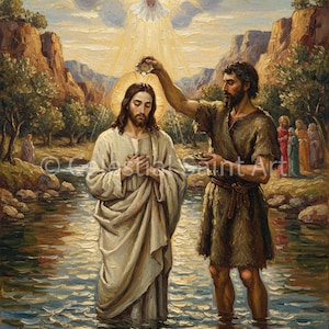 Peut inclure: Peinture à l'huile représentant une scène religieuse avec deux hommes dans une rivière. L'un verse de l'eau sur la tête de l'autre, avec une colombe et des rayons de lumière au-dessus. La peinture a une palette de couleurs chaudes et des coups de pinceau détaillés.