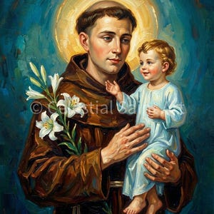 May include: Oil painting depicting a man in a brown robe holding a child in a light blue gown. The man has a halo and is holding white lilies. The background is a blend of blue and gold.