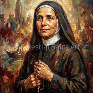 May include: Oil painting of a woman in a nun's habit, holding a rosary with a cross. The background features a cityscape and a boat, with the text "Celestial Saint Art". The artwork uses a warm colour palette.