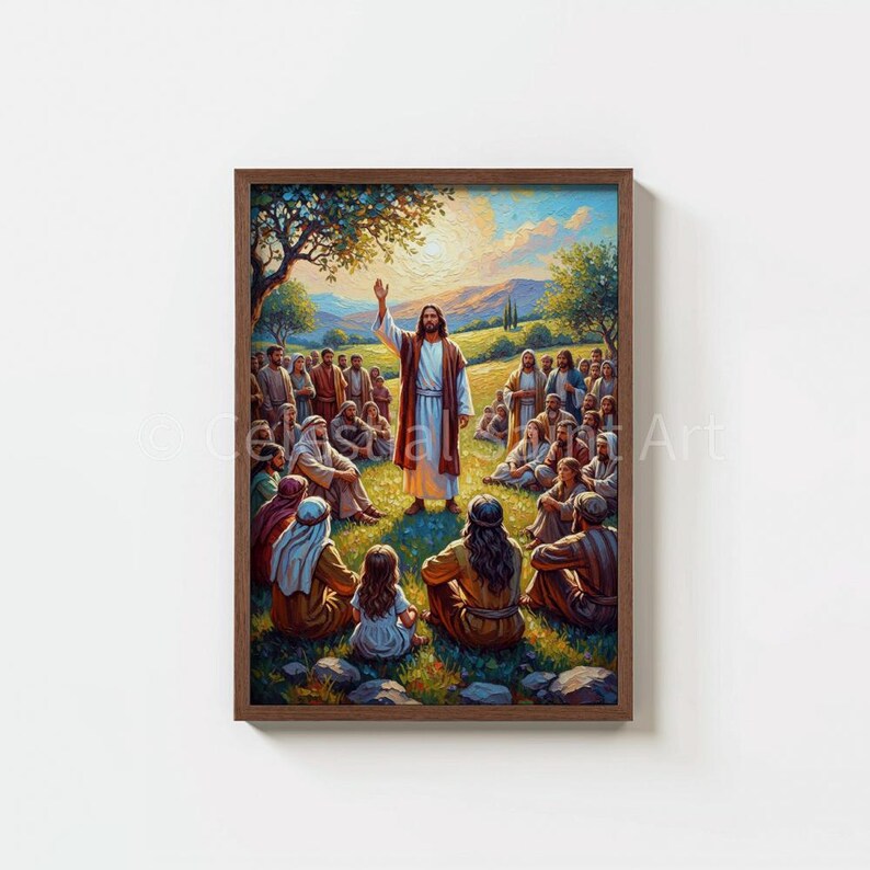 May include: A framed art print depicting a religious scene. A central figure in a white robe and red sash stands with an arm raised, addressing a crowd. The artwork features a vibrant landscape with a warm color palette.