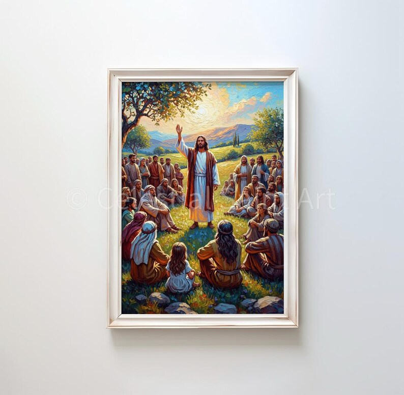 May include: A framed painting depicts a religious scene with a central figure in a white robe and red cloak, raising his hand. A crowd of people sits on the grass, listening. The artwork is set in a sunny outdoor environment.