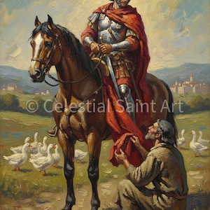 Può includere: Un dipinto a olio raffigura un soldato romano a cavallo, vestito con un'armatura e un mantello rosso, che offre parte del suo mantello a un mendicante in ginocchio. Oche bianche pascolano in primo piano. L'opera è firmata "Celestial Saint Art".