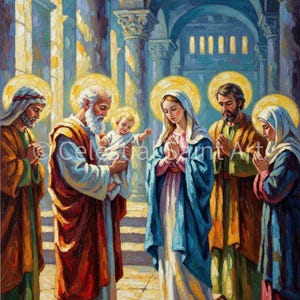 May include: An artistic painting depicts a religious scene with figures in robes and halos. A central figure holds a baby, surrounded by others in prayer. The color palette includes blues, golds, and reds, creating a reverent atmosphere. The artwork is reminiscent of classical religious art.