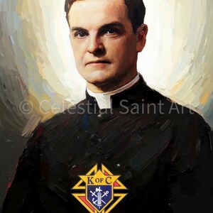 May include: Portrait of a man in a black clerical shirt with a white collar, holding a colorful emblem. The emblem features a yellow star shape with the letters "K of C" and other symbols. The background has a soft, light-colored, painterly effect.