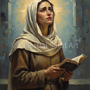 Op de afbeelding: Olieverfschilderij van een vrouw in een bruine jurk en witte hoofdbedekking, die een boek vasthoudt en met tranen omhoog kijkt. Een gouden halo omringt haar hoofd. De tekst "Celestial Saint Art" is zichtbaar.