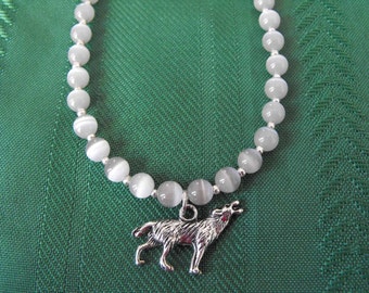 Grey Cats Eye Necklace with Wolf Charm