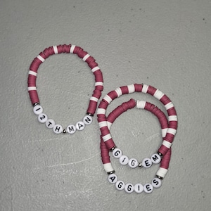 Texas A&M Aggies Heishi Bracelet Stack – Gig Em, Aggies, 12th Man | Maroon and White Game Day Bracelets