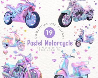 Clipart de motocicleta en colores pastel 3D: linda decoración de arte digital de motocicleta kawaii, clipart para scrapbooking, bricolaje