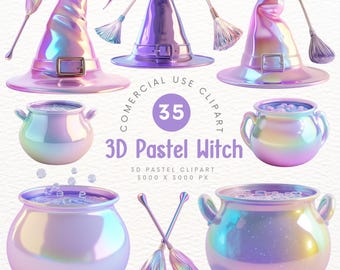 Lindo conjunto de imágenes prediseñadas de brujas en 3D pastel: escoba de bruja, caldero, sombrero, gráficos mágicos de Halloween, imágenes prediseñadas de decoración de Halloween, álbumes de recortes, bricolaje