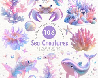 Imágenes prediseñadas de criaturas marinas en colores pastel en 3D: imágenes prediseñadas de decoración de animales del océano lindos y extravagantes para hacer álbumes de recortes y hacer manualidades