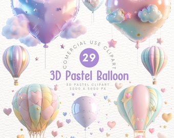 Clipart de globos pastel 3D - Lindos globos flotantes kawaii para decorar álbumes de recortes y manualidades