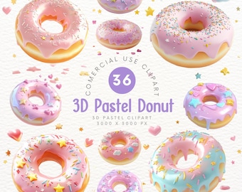 Lindo clipart de donut pastel 3D: golosina kawaii con estrellas y chispas para decorar, scrapbooking, bricolaje