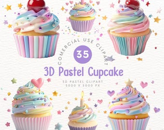 Clipart de cupcakes pastel 3D: postre lindo y caprichoso con decoración de cerezas, clipart para hacer álbumes de recortes y manualidades