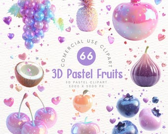 Clipart de frutas pastel en 3D: imágenes prediseñadas de decoración de frutas tropicales lindas y extravagantes para hacer álbumes de recortes y hacer manualidades