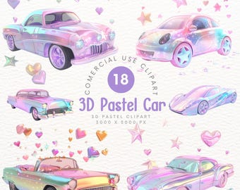 Clipart de coche pastel 3D: lindo sedán kawaii, arte digital, decoración, clipart, scrapbooking, bricolaje