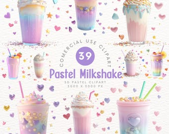 Lindo clipart de batido de leche en 3D con colores pastel: clipart de decoración de bebida de postre kawaii con chispas para hacer álbumes de recortes y manualidades