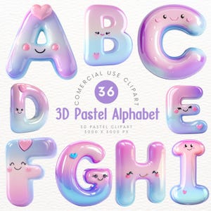 Alfabeto pastel lindo en 3D Clipart - Conjunto de letras y números kawaii Decoración clipart Scrapbooking DIY