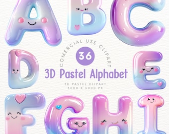 Alfabeto pastel lindo en 3D Clipart - Conjunto de letras y números kawaii Decoración clipart Scrapbooking DIY