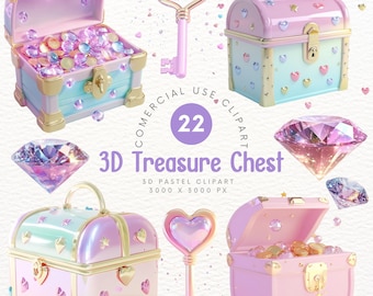 Cofre del tesoro mágico en 3D con diseño pastel. Clipart de decoración de arte digital con gemas y monedas kawaii. Scrapbooking. Bricolaje.