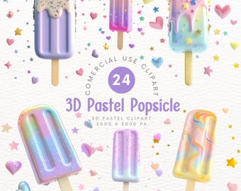 Lindo clip art de helado de colores pastel en 3D: arte digital de helado kawaii con decoración de chispas, clip art para hacer álbumes de recortes y manualidades