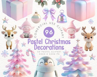 Clipart de decoraciones navideñas en colores pastel en 3D: clipart de decoración navideña linda y extravagante para hacer álbumes de recortes y hacer manualidades