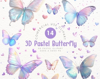 Clipart de mariposa pastel 3D: imágenes prediseñadas de decoración de mariposas lindas y extravagantes para hacer álbumes de recortes y hacer manualidades
