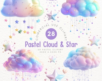 Clipart de nubes y estrellas en colores pastel en 3D: elementos del cielo kawaii lindos, arte digital, decoración, clipart, scrapbooking, bricolaje