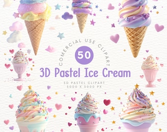 Clipart de helado pastel 3D: clipart de decoración de postres lindos y caprichosos para hacer álbumes de recortes y hacer manualidades