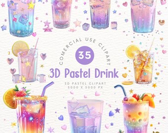 Lindo clipart de bebida pastel en 3D: cubitos de hielo con forma de estrella y corazón, arte digital caprichoso, decoración, clipart, scrapbooking, bricolaje