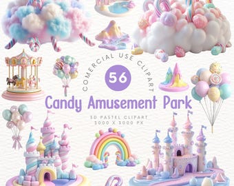 Parque de atracciones con dulces en 3D en colores pastel: imágenes prediseñadas de decoración de aventuras con dulces mágicos para hacer álbumes de recortes y hacer manualidades
