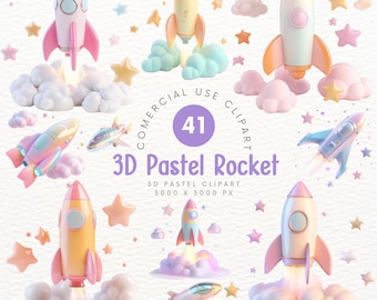 Clipart de cohete pastel 3D: clipart de decoración de aventuras espaciales lindas y extravagantes para hacer álbumes de recortes y hacer manualidades