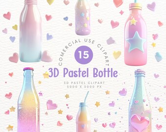 Lindo clipart de botella de pastel 3D: corazones y estrellas, arte digital caprichoso, decoración, clipart, scrapbooking, bricolaje
