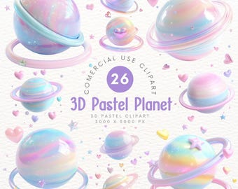 Lindo planeta pastel en 3D Clipart – Arte digital de decoración del espacio y la galaxia kawaii Clipart Scrapbooking DIY