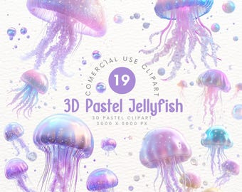 Lindo clip art de medusas en colores pastel en 3D: arte digital en colores pastel y estrellas para proyectos y decoración con temática marina. Decoración de scrapbooking para el mes de julio