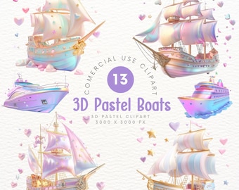 Imágenes prediseñadas de barcos en colores pastel en 3D: variedad linda y caprichosa de imágenes prediseñadas de decoración de barcos para hacer álbumes de recortes y hacer manualidades