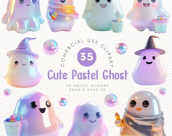 Lindo clipart de fantasma en 3D en colores pastel: ¡perfecto para una decoración de Halloween extravagante! Clipart de decoración de Halloween para hacer álbumes de recortes y manualidades