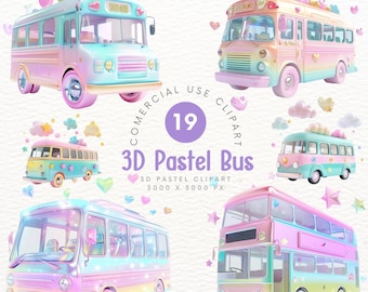 Clipart de autobús pastel 3D: lindo autobús kawaii, arte digital, decoración, clipart, scrapbooking, bricolaje