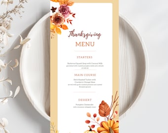 Karta menu na Święto Dziękczynienia, Karty menu na Święto Dziękczynienia z Przyjaciółmi, Edytowalne karty menu na Święto Dziękczynienia, Wydrukowana karta menu na Święto Dziękczynienia