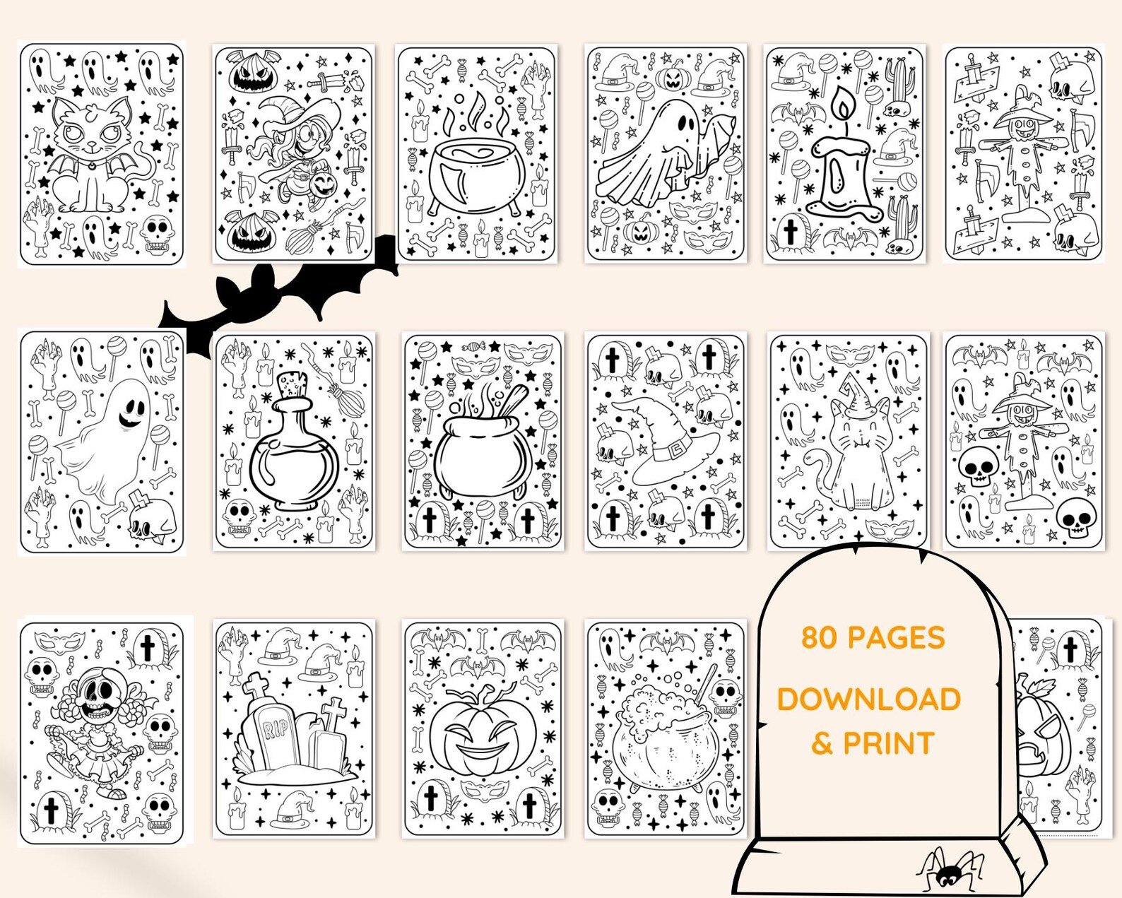 Halloween Coloring Pages for Kids - Printable Bundle of 80 Fun and ...