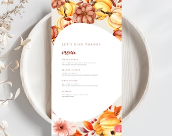 Thanksgiving Menu Cards, Friendsgiving Menu Cards, Editable Thanksgiving Menu Cards, Printable Thanksgiving Menu Card, Pumpkin Floral Leaves